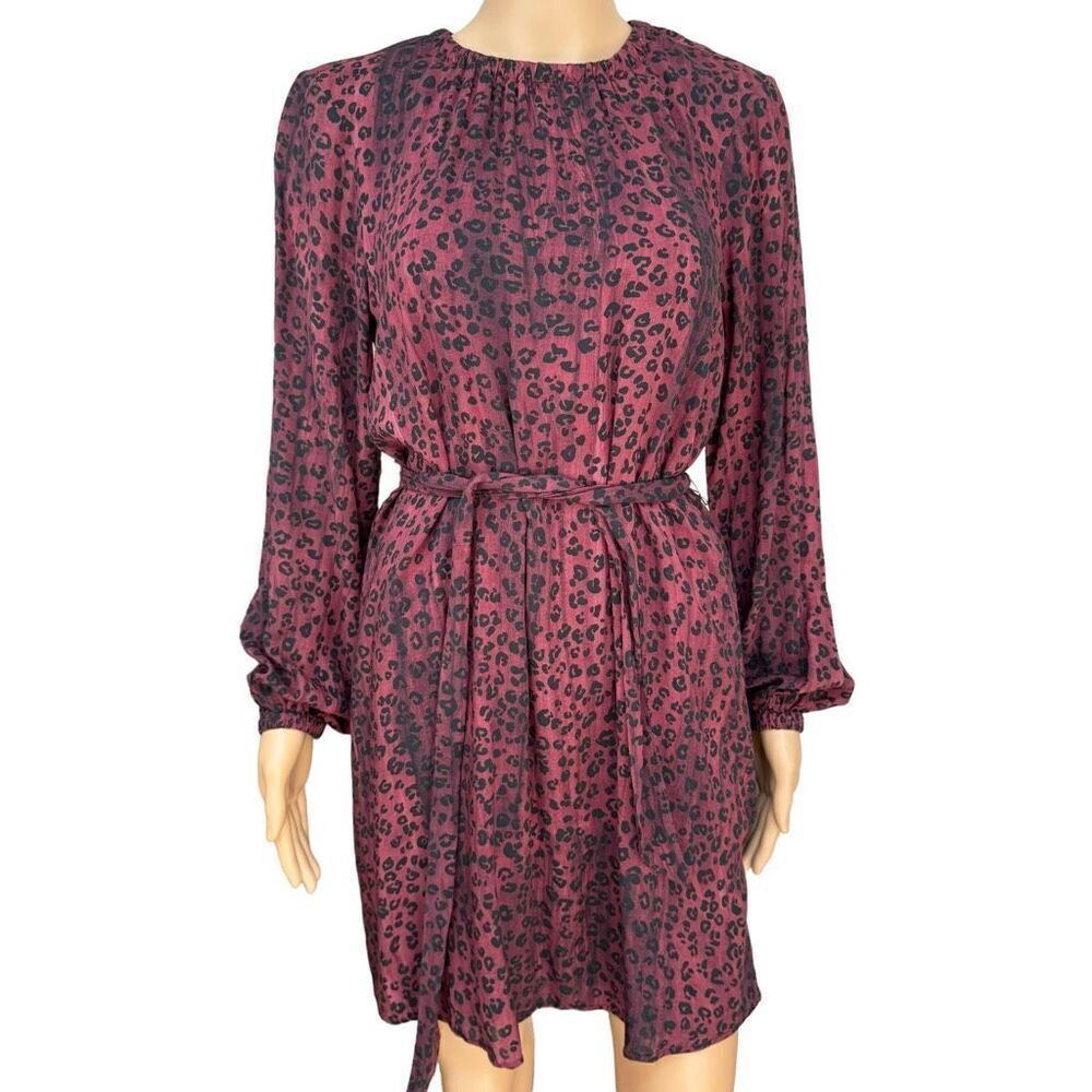 CLOTH & STONE ELASTIC NECK TIERED DRESS WILDBERRY LEOPARD SPOTS PRINT size S